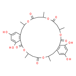 ChemSpider 2D Image | 2,4,18,20-Tetrahydroxy-7,11,15,23,27-pentamethyl-7,8,11,12,15,16,23,24,27,28-decahydro-5H,9H,13H,21H,25H-dibenzo[k,u][1,5,9,15,19]pentaoxacyclotetracosine-5,9,13,21,25-pentone | C32H38O14