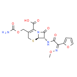 ChemSpider 2D Image | (6R,7S)-3-[(Carbamoyloxy)methyl]-7-{[(2Z)-2-(2-furyl)-2-(methoxyimino)acetyl]amino}-8-oxo-5-thia-1-azabicyclo[4.2.0]oct-2-ene-2-carboxylic acid | C16H16N4O8S