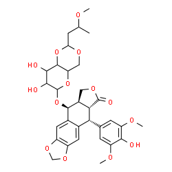 ChemSpider 2D Image | (5S,5aR,8aR,9R)-9-(4-Hydroxy-3,5-dimethoxyphenyl)-8-oxo-5,5a,6,8,8a,9-hexahydrofuro[3',4':6,7]naphtho[2,3-d][1,3]dioxol-5-yl 4,6-O-(3-methoxybutylidene)hexopyranoside | C32H38O14