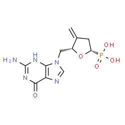 ChemSpider 2D Image | {(2S,5S)-5-[(2-Amino-6-oxo-3,6-dihydro-9H-purin-9-yl)methyl]-4-methylenetetrahydro-2-furanyl}phosphonic acid | C11H14N5O5P