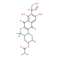 ChemSpider 2D Image | 8,10-Dihydroxy-9-(1-hydroxy-2-methyl-3-buten-2-yl)-2,5,5-trimethyl-7,12-dioxo-1,3,4,4a,5,7,12,12b-octahydro-2H-dibenzo[c,g]chromen-3-yl 2-methylpropanoate | C29H36O8