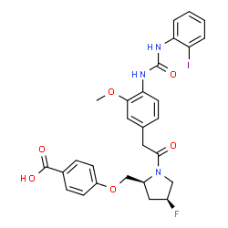 ChemSpider 2D Image | 4-({(2S,4S)-4-Fluoro-1-[(4-{[(2-iodophenyl)carbamoyl]amino}-3-methoxyphenyl)acetyl]-2-pyrrolidinyl}methoxy)benzoic acid | C28H27FIN3O6