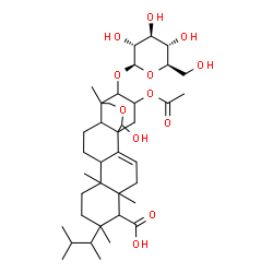 ChemSpider 2D Image | 20-Acetoxy-21-(beta-D-glucopyranosyloxy)-18-hydroxy-5,7,10,15-tetramethyl-7-(3-methyl-2-butanyl)-17-oxapentacyclo[13.3.3.0~1,14~.0~2,11~.0~5,10~]henicos-2-ene-6-carboxylic acid | C38H60O12