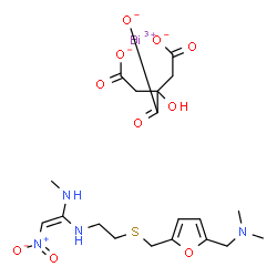 ChemSpider 2D Image | Bismuth(3+) 2-hydroxy-1,2,3-propanetricarboxylate - (Z)-N-{2-[({5-[(dimethylamino)methyl]-2-furyl}methyl)sulfanyl]ethyl}-N'-methyl-2-nitro-1,1-ethenediamine (1:1:1) | C19H27BiN4O10S