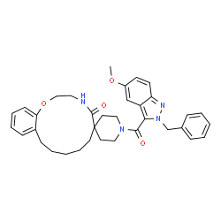 ChemSpider 2D Image | 1'-[(2-Benzyl-5-methoxy-2H-indazol-3-yl)carbonyl]-3,4,8,9,10,11-hexahydro-7H-spiro[1,4-benzoxazacyclotridecine-6,4'-piperidin]-5(2H)-one | C35H40N4O4
