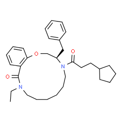ChemSpider 2D Image | (3R)-3-Benzyl-4-(3-cyclopentylpropanoyl)-11-ethyl-2,3,4,5,6,7,8,9,10,11-decahydro-12H-1,4,11-benzoxadiazacyclotetradecin-12-one | C32H44N2O3