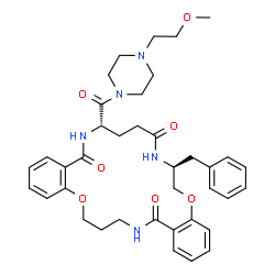 ChemSpider 2D Image | (7S,12S)-7-Benzyl-12-{[4-(2-methoxyethyl)-1-piperazinyl]carbonyl}-7,8,10,11,12,13,22,23-octahydro-6H,20H-dibenzo[k,s][1,13,4,9,17]dioxatriazacycloicosine-9,14,24(21H)-trione | C38H47N5O7