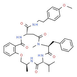 ChemSpider 2D Image | (3S,6R,9S,13S)-9-Benzyl-6-isopropyl-N-[2-(4-methoxyphenyl)ethyl]-3,10-dimethyl-5,8,11,15-tetraoxo-2,3,4,5,6,7,8,9,10,11,12,13,14,15-tetradecahydro-1,4,7,10,14-benzoxatetraazacycloheptadecine-13-carbox
amide | C38H47N5O7