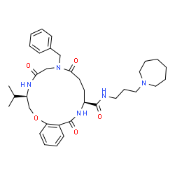 ChemSpider 2D Image | (3R,11S)-N-[3-(1-Azepanyl)propyl]-7-benzyl-3-isopropyl-5,8,13-trioxo-2,3,4,5,6,7,8,9,10,11,12,13-dodecahydro-1,4,7,12-benzoxatriazacyclopentadecine-11-carboxamide | C35H49N5O5