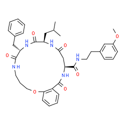 ChemSpider 2D Image | (7S,10R,14S)-7-Benzyl-10-isobutyl-N-[2-(3-methoxyphenyl)ethyl]-6,9,12,16-tetraoxo-3,4,5,6,7,8,9,10,11,12,13,14,15,16-tetradecahydro-2H-1,5,8,11,15-benzoxatetraazacyclooctadecine-14-carboxamide | C38H47N5O7