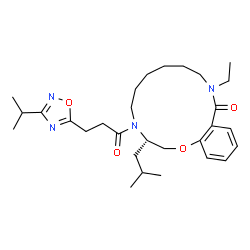 ChemSpider 2D Image | (3S)-11-Ethyl-3-isobutyl-4-[3-(3-isopropyl-1,2,4-oxadiazol-5-yl)propanoyl]-2,3,4,5,6,7,8,9,10,11-decahydro-12H-1,4,11-benzoxadiazacyclotetradecin-12-one | C29H44N4O4
