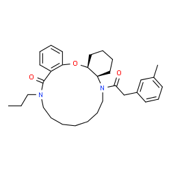 ChemSpider 2D Image | (4aR,19aS)-5-[(3-Methylphenyl)acetyl]-13-propyl-1,3,4,4a,5,6,7,8,9,10,11,12,13,19a-tetradecahydrodibenzo[b,n][1,4,12]oxadiazacyclopentadecin-14(2H)-one | C32H44N2O3