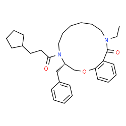 ChemSpider 2D Image | (3S)-3-Benzyl-4-(3-cyclopentylpropanoyl)-11-ethyl-2,3,4,5,6,7,8,9,10,11-decahydro-12H-1,4,11-benzoxadiazacyclotetradecin-12-one | C32H44N2O3