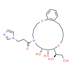 ChemSpider 2D Image | 1-[(7R,8R,9R)-9-[(1R)-1,2-Dihydroxyethyl]-7,8-dihydroxy-3,4,6,7,8,9,11,12,13,14-decahydro-1,10,5-benzodioxazacyclohexadecin-5(2H)-yl]-3-(1H-imidazol-1-yl)-1-propanone | C25H37N3O7