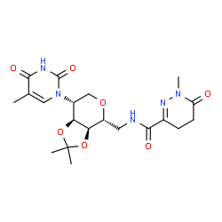ChemSpider 2D Image | 1,5-Anhydro-2,6-dideoxy-3,4-O-isopropylidene-2-(5-methyl-2,4-dioxo-3,4-dihydro-1(2H)-pyrimidinyl)-6-{[(1-methyl-6-oxo-1,4,5,6-tetrahydro-3-pyridazinyl)carbonyl]amino}-D-altritol | C20H27N5O7