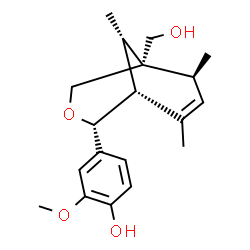 ChemSpider 2D Image | 4-[(1R,2R,5R,6S,9S)-5-(Hydroxymethyl)-6,8,9-trimethyl-3-oxabicyclo[3.3.1]non-7-en-2-yl]-2-methoxyphenol | C19H26O4