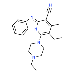 ChemSpider 2D Image | 2-Ethyl-1-(4-ethyl-1-piperazinyl)-3-methylpyrido[1,2-a]benzimidazole-4-carbonitrile | C21H25N5