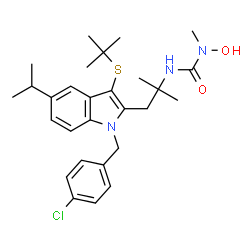 ChemSpider 2D Image | 3-{1-[3-(tert-butylsulfanyl)-1-(4-chlorobenzyl)-5-(propan-2-yl)-1H-indol-2-yl]-2-methylpropan-2-yl}-1-hydroxy-1-methylurea | C28H38ClN3O2S