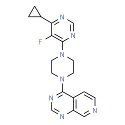 ChemSpider 2D Image | 4-[4-(6-Cyclopropyl-5-fluoro-4-pyrimidinyl)-1-piperazinyl]pyrido[3,4-d]pyrimidine | C18H18FN7