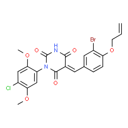 ChemSpider 2D Image | (5E)-5-[4-(Allyloxy)-3-bromobenzylidene]-1-(4-chloro-2,5-dimethoxyphenyl)-2,4,6(1H,3H,5H)-pyrimidinetrione | C22H18BrClN2O6
