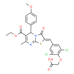 ChemSpider 2D Image | (2,6-Dichloro-4-{(Z)-[6-(ethoxycarbonyl)-5-(4-methoxyphenyl)-7-methyl-3-oxo-5H-[1,3]thiazolo[3,2-a]pyrimidin-2(3H)-ylidene]methyl}phenoxy)acetic acid | C26H22Cl2N2O7S