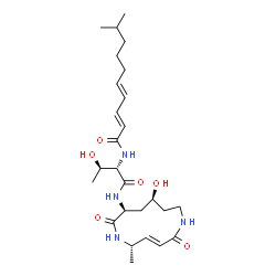 ChemSpider 2D Image | (2E,4E)-N-[(2S,3R)-3-Hydroxy-1-{[(3E,5S,8S,10S)-10-hydroxy-5-methyl-2,7-dioxo-1,6-diazacyclododec-3-en-8-yl]amino}-1-oxo-2-butanyl]-9-methyl-2,4-decadienamide | C26H42N4O6