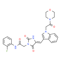 ChemSpider 2D Image | N-(2-Fluorophenyl)-2-[(4Z)-4-({1-[2-(4-morpholinyl)-2-oxoethyl]-1H-indol-3-yl}methylene)-2,5-dioxo-1-imidazolidinyl]acetamide | C26H24FN5O5