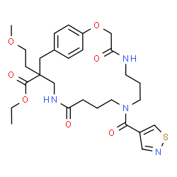 ChemSpider 2D Image | Ethyl 16-(2-methoxyethyl)-4,13-dioxo-9-(1,2-thiazol-4-ylcarbonyl)-2-oxa-5,9,14-triazabicyclo[16.2.2]docosa-1(20),18,21-triene-16-carboxylate | C28H38N4O7S