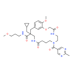 ChemSpider 2D Image | 15-(Cyclopropylmethyl)-20-methoxy-N-(3-methoxypropyl)-8-[(2-methyl-5-pyrimidinyl)carbonyl]-4,12-dioxo-2-oxa-5,8,13-triazabicyclo[15.3.1]henicosa-1(21),17,19-triene-15-carboxamide | C33H46N6O7