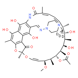 ChemSpider 2D Image | (7S,9Z,11S,12S,13S,14R,15R,16R,17S,18S,19Z,21Z)-2,15,17,27,29-Pentahydroxy-11-methoxy-3,7,12,14,16,18,22-heptamethyl-26-[(E)-{[4-(~2~H_3_)methyl-1-piperazinyl]imino}methyl]-6,23-dioxo-8,30-dioxa-24-az
atetracyclo[23.3.1.1~4,7~.0~5,28~]triaconta-1(29),2,4,9,19,21,25,27-octaen-13-yl acetate | C43H55D3N4O12