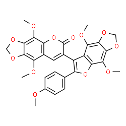 ChemSpider 2D Image | 7-[4,8-Dimethoxy-6-(4-methoxyphenyl)furo[2,3-f][1,3]benzodioxol-7-yl]-4,9-dimethoxy-6H-[1,3]dioxolo[4,5-g]chromen-6-one | C30H24O12