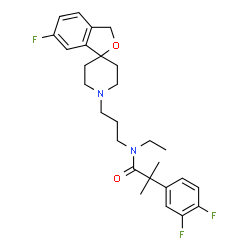 ChemSpider 2D Image | 2-(3,4-Difluorophenyl)-N-ethyl-N-[3-(6-fluoro-1'H,3H-spiro[2-benzofuran-1,4'-piperidin]-1'-yl)propyl]-2-methylpropanamide | C27H33F3N2O2