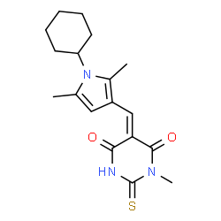 ChemSpider 2D Image | 5-[(1-cyclohexyl-2,5-dimethyl-3-pyrrolyl)methylidene]-1-methyl-2-sulfanylidene-1,3-diazinane-4,6-dione | C18H23N3O2S