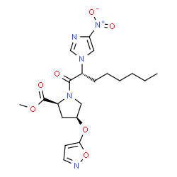 ChemSpider 2D Image | Methyl (4S)-1-[(2R)-2-(4-nitro-1H-imidazol-1-yl)octanoyl]-4-(1,2-oxazol-5-yloxy)-L-prolinate | C20H27N5O7