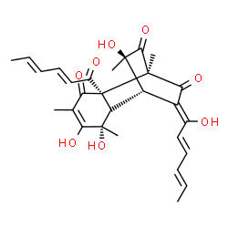 ChemSpider 2D Image | (1R,2R,6S,8S,9R,12Z)-2-[(2E,4E)-2,4-Hexadienoyl]-5,6,9-trihydroxy-12-[(2E,4E)-1-hydroxy-2,4-hexadien-1-ylidene]-1,4,6,9-tetramethyltricyclo[6.2.2.0~2,7~]dodec-4-ene-3,10,11-trione | C28H32O8