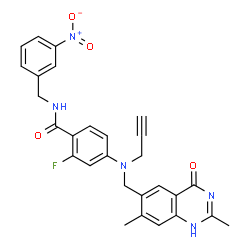 ChemSpider 2D Image | 4-{[(2,7-Dimethyl-4-oxo-1,4-dihydro-6-quinazolinyl)methyl](2-propyn-1-yl)amino}-2-fluoro-N-(3-nitrobenzyl)benzamide | C28H24FN5O4