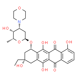 ChemSpider 2D Image | (1S,3S)-3-Ethyl-3,5,10,12-tetrahydroxy-6,11-dioxo-1,2,3,4,6,11-hexahydro-1-tetracenyl 2,3,6-trideoxy-3-(4-morpholinyl)-alpha-D-lyxo-hexopyranoside | C30H35NO10