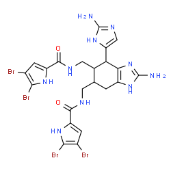 ChemSpider 2D Image | N,N'-{[2-Amino-4-(2-amino-1H-imidazol-5-yl)-4,5,6,7-tetrahydro-1H-benzimidazole-5,6-diyl]bis(methylene)}bis(4,5-dibromo-1H-pyrrole-2-carboxamide) | C22H22Br4N10O2