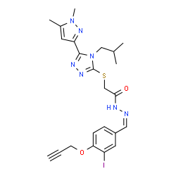 ChemSpider 2D Image | 2-{[5-(1,5-Dimethyl-1H-pyrazol-3-yl)-4-isobutyl-4H-1,2,4-triazol-3-yl]sulfanyl}-N'-{(Z)-[3-iodo-4-(2-propyn-1-yloxy)phenyl]methylene}acetohydrazide | C23H26IN7O2S