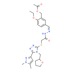 ChemSpider 2D Image | 5-{(Z)-[({[5-(1,5-Dimethyl-1H-pyrazol-3-yl)-4-(tetrahydro-2-furanylmethyl)-4H-1,2,4-triazol-3-yl]sulfanyl}acetyl)hydrazono]methyl}-2-ethoxybenzyl acetate | C26H33N7O5S