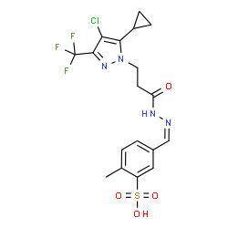 ChemSpider 2D Image | 5-[(Z)-({3-[4-Chloro-5-cyclopropyl-3-(trifluoromethyl)-1H-pyrazol-1-yl]propanoyl}hydrazono)methyl]-2-methylbenzenesulfonic acid | C18H18ClF3N4O4S