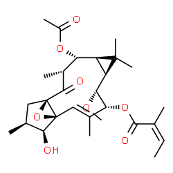 ChemSpider 2D Image | (1R,3R,4R,5R,7S,8R,9R,10E,12S,13S,14S)-4-Acetoxy-13-hydroxy-8-methoxy-3,6,6,10,14-pentamethyl-2-oxo-16-oxatetracyclo[10.3.1.0~1,12~.0~5,7~]hexadec-10-en-9-yl (2Z)-2-methyl-2-butenoate | C28H40O8