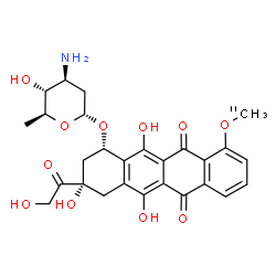 ChemSpider 2D Image | (1S,3S)-3-Glycoloyl-3,5,12-trihydroxy-10-[(~11~C)methyloxy]-6,11-dioxo-1,2,3,4,6,11-hexahydro-1-tetracenyl 3-amino-2,3,6-trideoxy-alpha-L-arabino-hexopyranoside | C2611CH29NO11