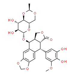 ChemSpider 2D Image | (5S,5aR,8aR,9R)-9-(3,4-Dihydroxy-5-methoxyphenyl)-8-oxo-5,5a,6,8,8a,9-hexahydrofuro[3',4':6,7]naphtho[2,3-d][1,3]dioxol-5-yl 4,6-O-[(1S)-ethylidene]-beta-L-glucopyranoside | C28H30O13