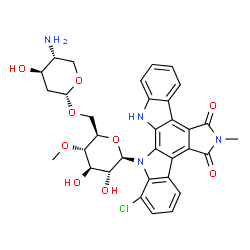 ChemSpider 2D Image | 5H-Indolo[2,3-a]pyrrolo[3,4-c]carbazole-5,7(6H)-dione, 13-[6-O-(4-amino-2,4-dideoxy-alpha-D-threo-pentopyranosyl)-4-O-methyl-beta-D-glucopyranosyl]-1-chloro-12,13-dihydro-6-methyl- | C33H33ClN4O9