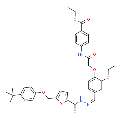 ChemSpider 2D Image | Ethyl 4-{[(2-ethoxy-4-{(Z)-[(5-{[4-(2-methyl-2-propanyl)phenoxy]methyl}-2-furoyl)hydrazono]methyl}phenoxy)acetyl]amino}benzoate | C36H39N3O8