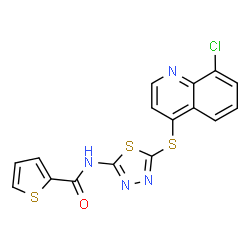 ChemSpider 2D Image | N-{5-[(8-Chloro-4-quinolinyl)sulfanyl]-1,3,4-thiadiazol-2-yl}-2-thiophenecarboxamide | C16H9ClN4OS3