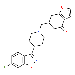 ChemSpider 2D Image | 6-{[4-(6-Fluoro-1,2-benzoxazol-3-yl)-1-piperidinyl]methyl}-6,7-dihydro-1-benzofuran-4(5H)-one | C21H21FN2O3