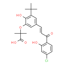 ChemSpider 2D Image | 2-{5-[(1E)-3-(4-Chloro-2-hydroxyphenyl)-3-oxo-1-propen-1-yl]-2-hydroxy-3-(2-methyl-2-propanyl)phenoxy}-2-methylpropanoic acid | C23H25ClO6