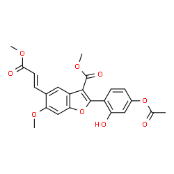 ChemSpider 2D Image | Methyl 2-(4-acetoxy-2-hydroxyphenyl)-6-methoxy-5-[(1E)-3-methoxy-3-oxo-1-propen-1-yl]-1-benzofuran-3-carboxylate | C23H20O9